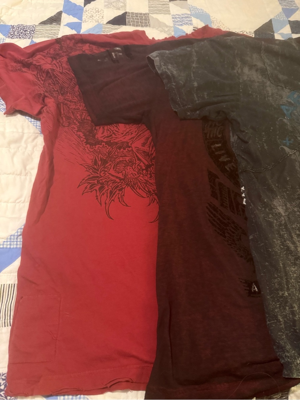 3 Affliction Mens Short Sleeve Tee’s in Red and Black Graphic & Maroon